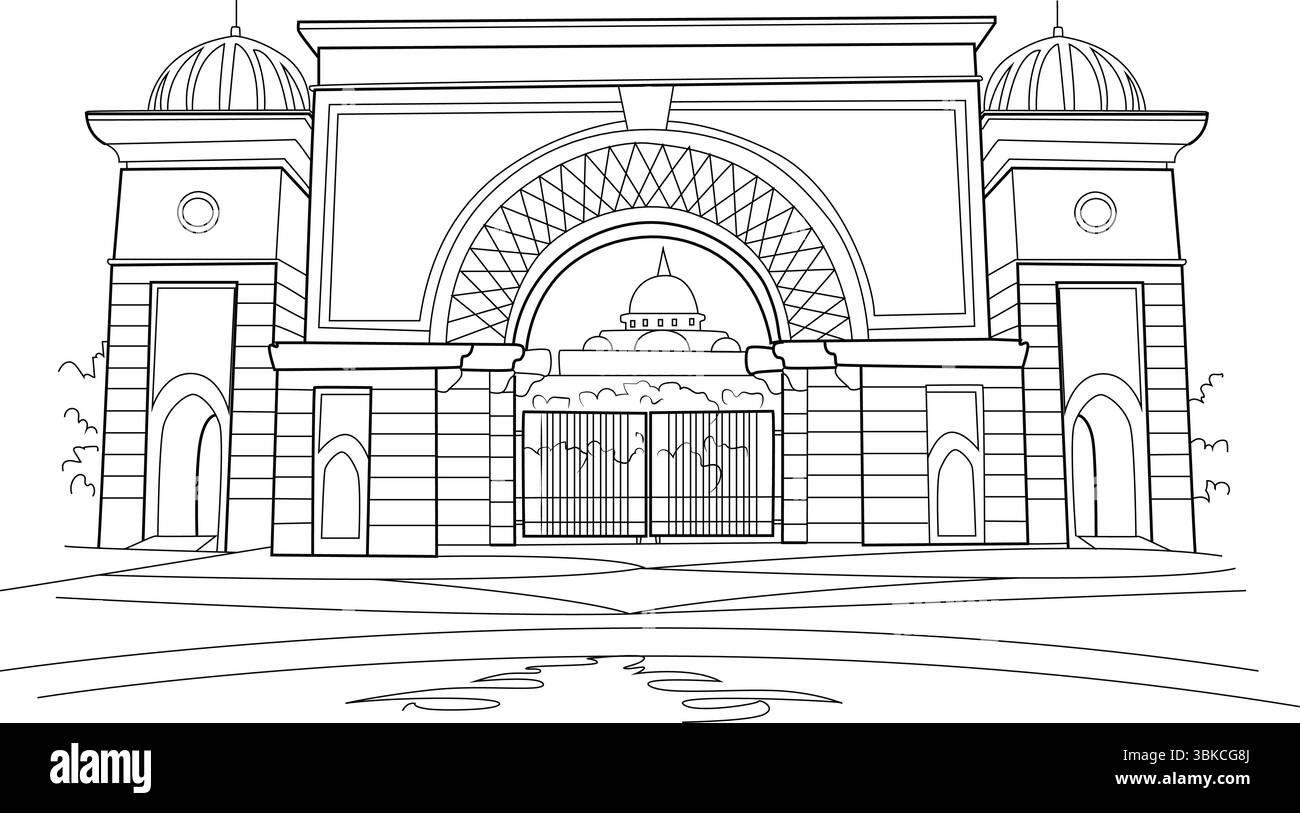 Einfache schwarz-weiße Linienzeichnung des Haupttors von Istana Negara, dem Nationalpalast von Malaysia in Kuala Lumpur. Architektonischer Skizzenstil Stock Vektor