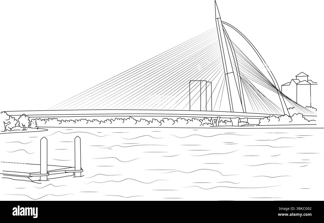 Schwarz-weiße Linienzeichnung zur Darstellung der modernen Seri Wawasan Brücke in Putrajaya, Malaysia. Die legendäre, mit Kabel versehene Brücke erstreckt sich über das Wasser, Stock Vektor