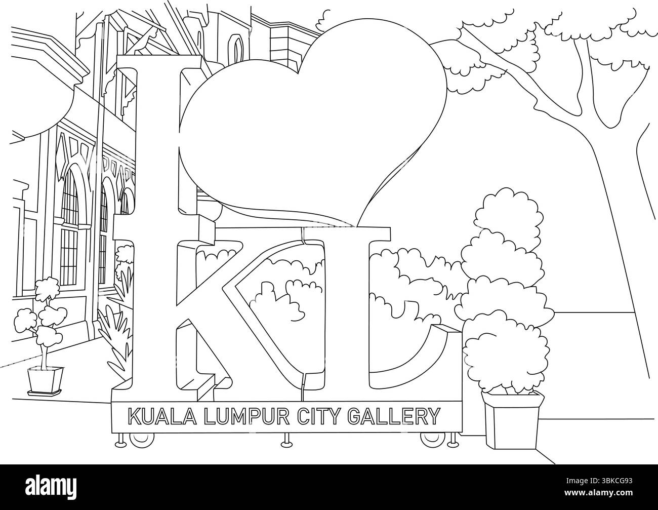 Schwarz-weiße Linienzeichnung des ikonischen „I Love KL“-Schildes in der Kuala Lumpur City Gallery in Malaysia. Diese Abbildung zeigt den Bekannten Stock Vektor