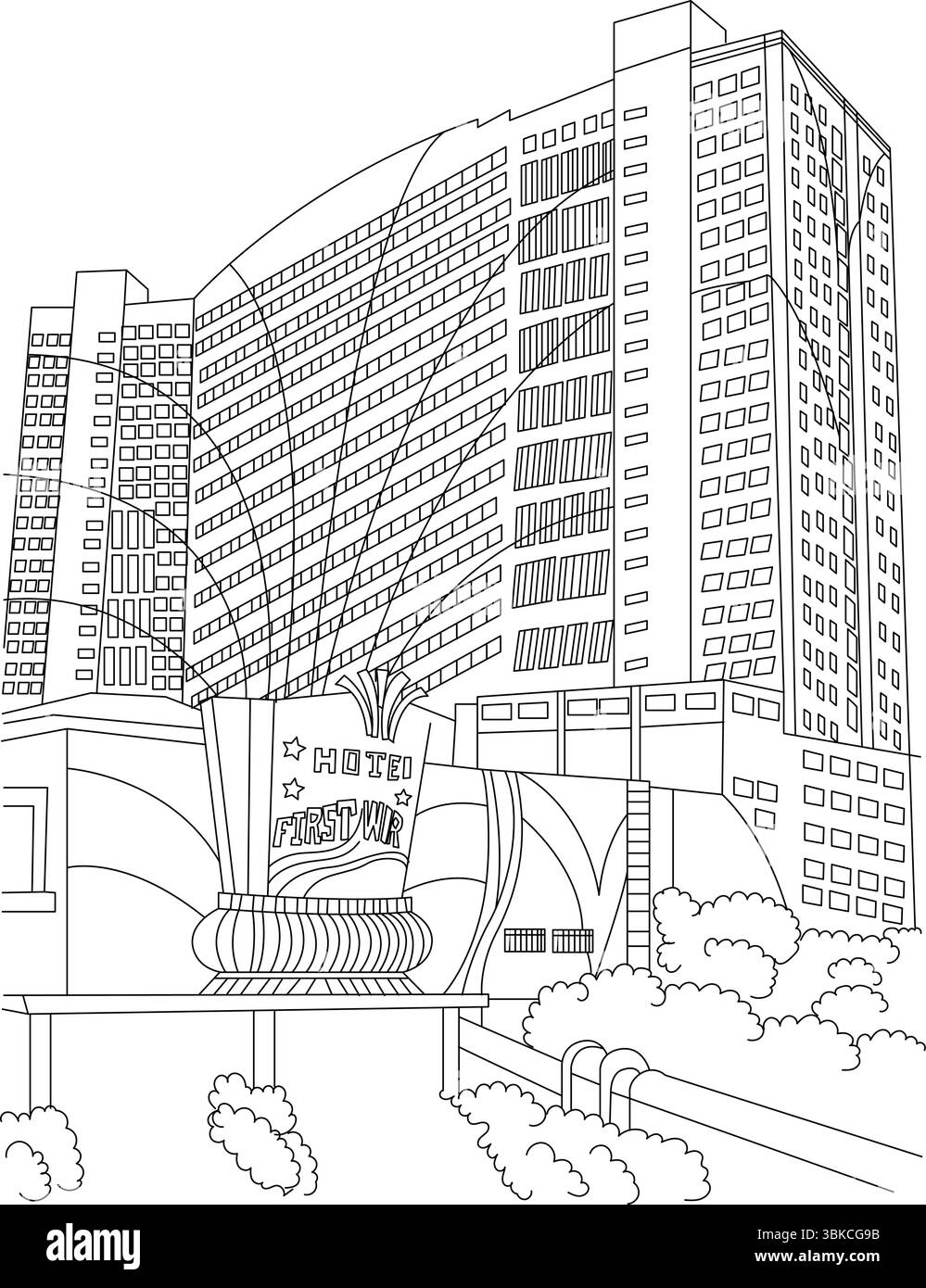 Einfache schwarz-weiße Linienzeichnung des ikonischen First World Hotels in Genting Highlands, Malaysia. Ideal zum Ausmalen von Seiten oder zum minimalistischen Design. Stock Vektor