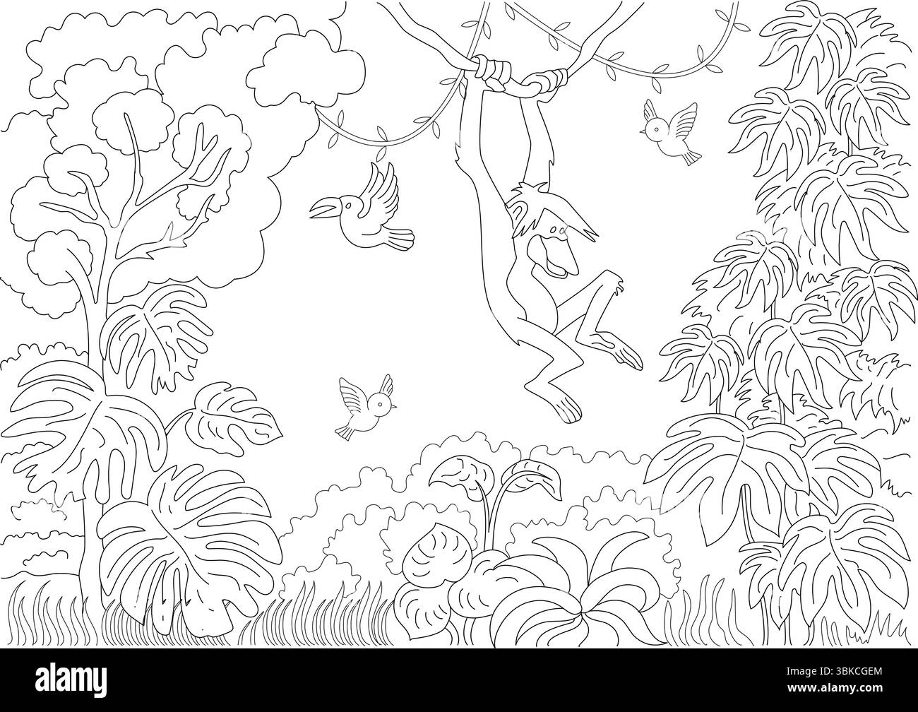 Schwarz-weiße Umrissdarstellung eines verspielten Affen, der in einer dichten Dschungelszene auf einer Weinrebe schwingt, mit Vögeln, die zwischen üppigem Laub und Bäumen fliegen. Pe Stock Vektor