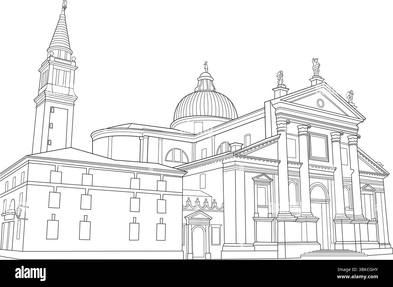 Detaillierte Linienzeichnung der Kirche San Giorgio Maggiore und des Glockenturms in Venedig, Italien. Ein ikonisches architektonisches Wahrzeichen auf der Insel San Giorgi Stock Vektor