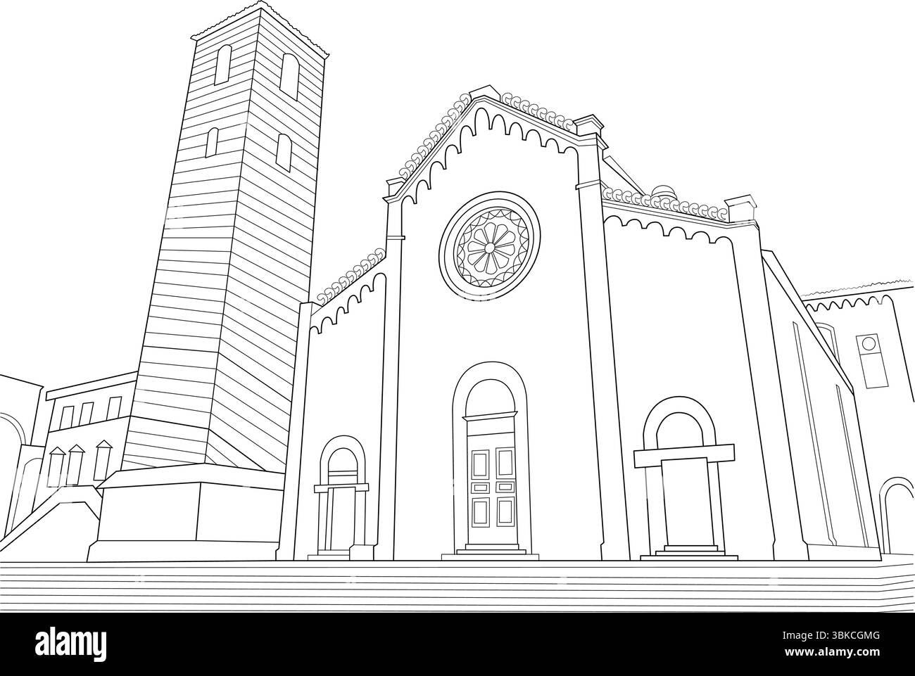 Strichkunstillustration der Stiftskirche St. Martin in Colmar, Frankreich. Diese detaillierte Zeichnung erfasst die gotische Architektur der Kirche Stock Vektor