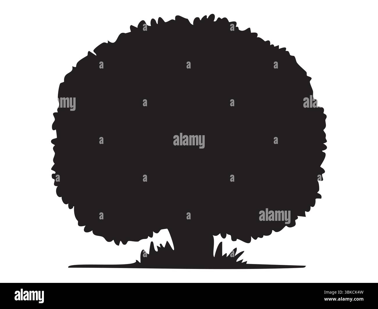Schwarze Silhouette eines Baumes mit dichtem Laub und Gras an der Basis auf weißem Hintergrund, grafische Illustration. Konzept von Natur, Flora, Garten, Landschaft Stock Vektor