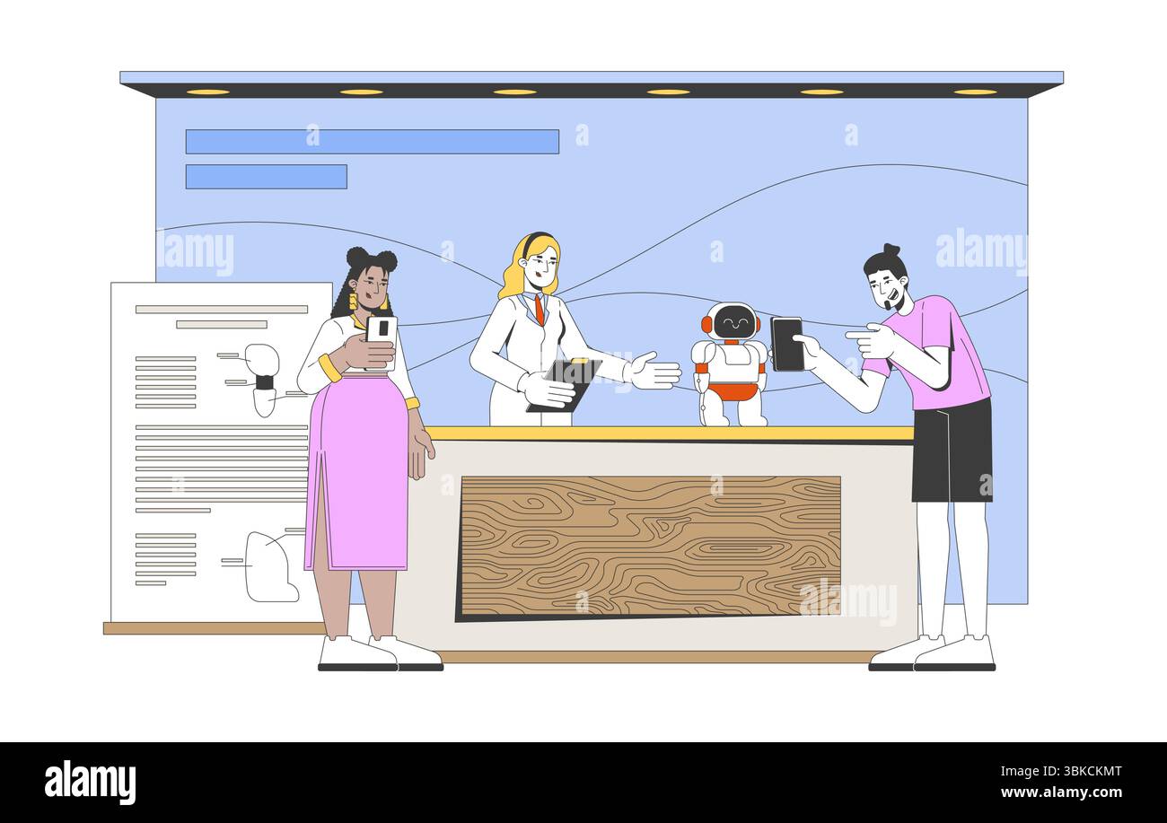 Roboter-Demo am Stand der Wissenschaftsmesse mit engagierten 2D-Zeichentrickfiguren Stock Vektor