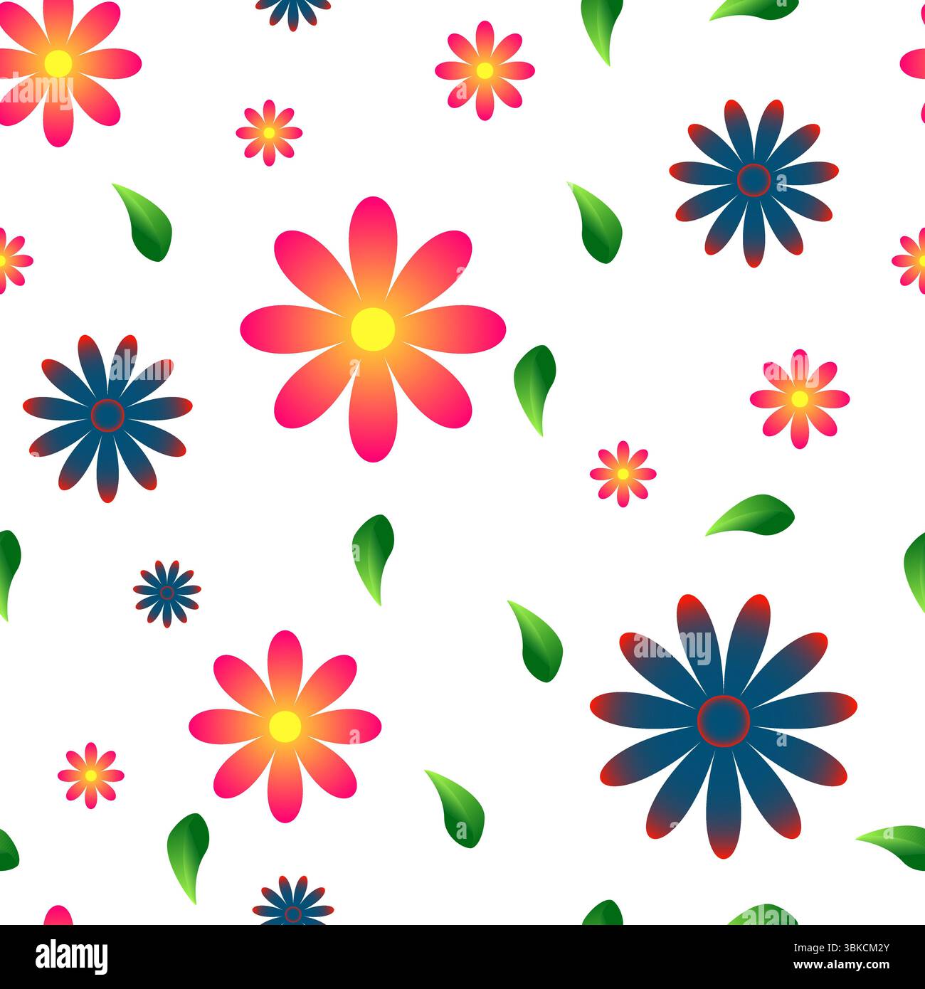Nahtloses Vektormuster. Blumen und Blätter mit Farbverlauf gefüllt mit roten, blauen und grünen Farben auf weißem Hintergrund. Ideal für Stoffe und Geschenkpapier Stockfoto