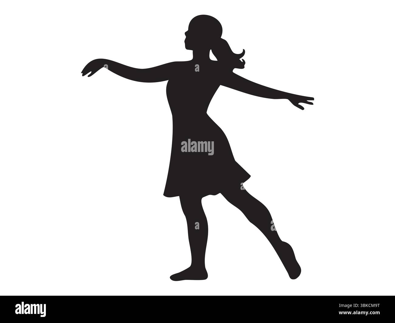 Schwarze Silhouette einer tanzenden Frau in Bewegung, isoliert auf weißem Hintergrund, grafische Illustration. Konzept von Tanz, Interpret, Kunst, Bewegung, Designelement. Stock Vektor