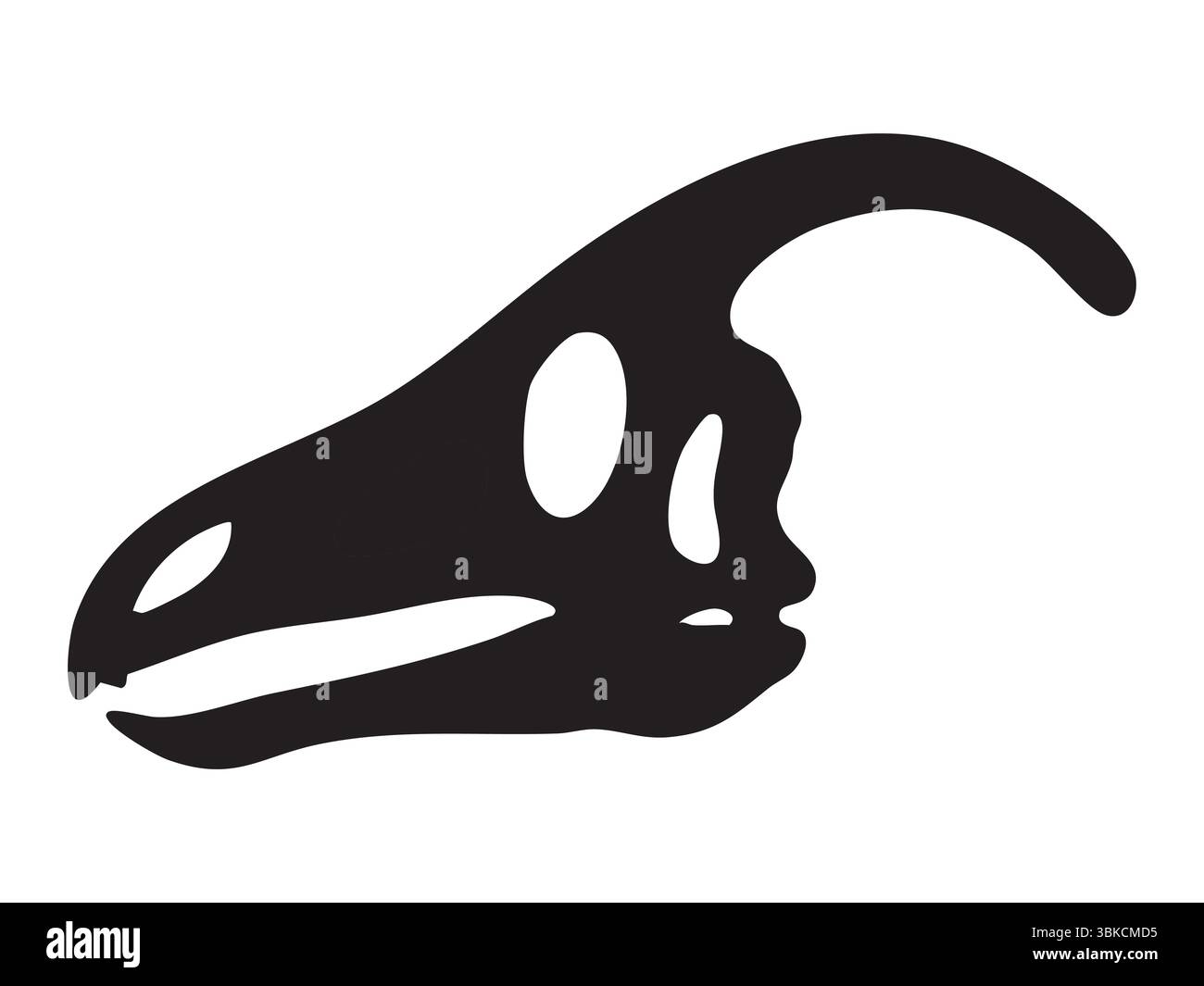 Schwarze Silhouette des Parasaurolophus Schädels mit großem Wappen und verlängertem Kiefer, isoliert auf weißem Hintergrund, grafische Illustration. Das Konzept des herbivoren Dinosaurierskeletts, Hadrosaurier-Fossil. Stock Vektor