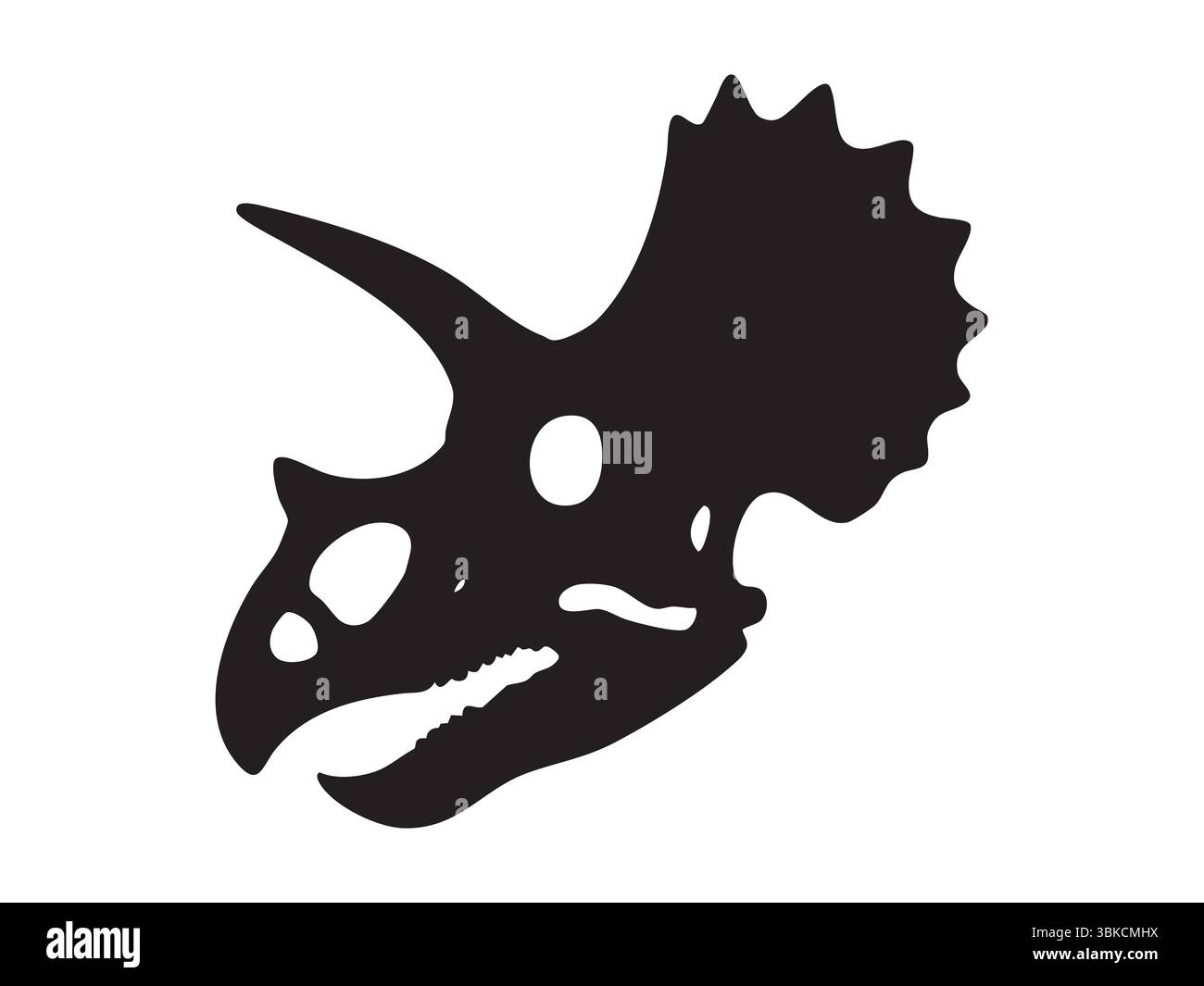 Schwarze Silhouette des Triceratops Schädels mit großen Hörnern und Rüschen, isoliert auf weißem Hintergrund, Illustration. Prähistorisches Dinosaurierskelett, keratopsisches Fossil, antike Pflanzenfresser-Designelemente. Stock Vektor