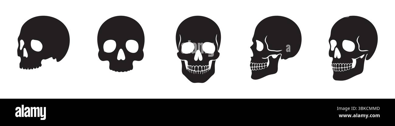 Satz von menschlichen Schädel schwarzen Silhouetten in verschiedenen Stilen, Vorder- und Seitenansichten, isoliert auf weißem Hintergrund, grafische Illustration. Konzept der Anatomie, Gothic Symbol, Tattoo, halloween Design Elemente. Stock Vektor
