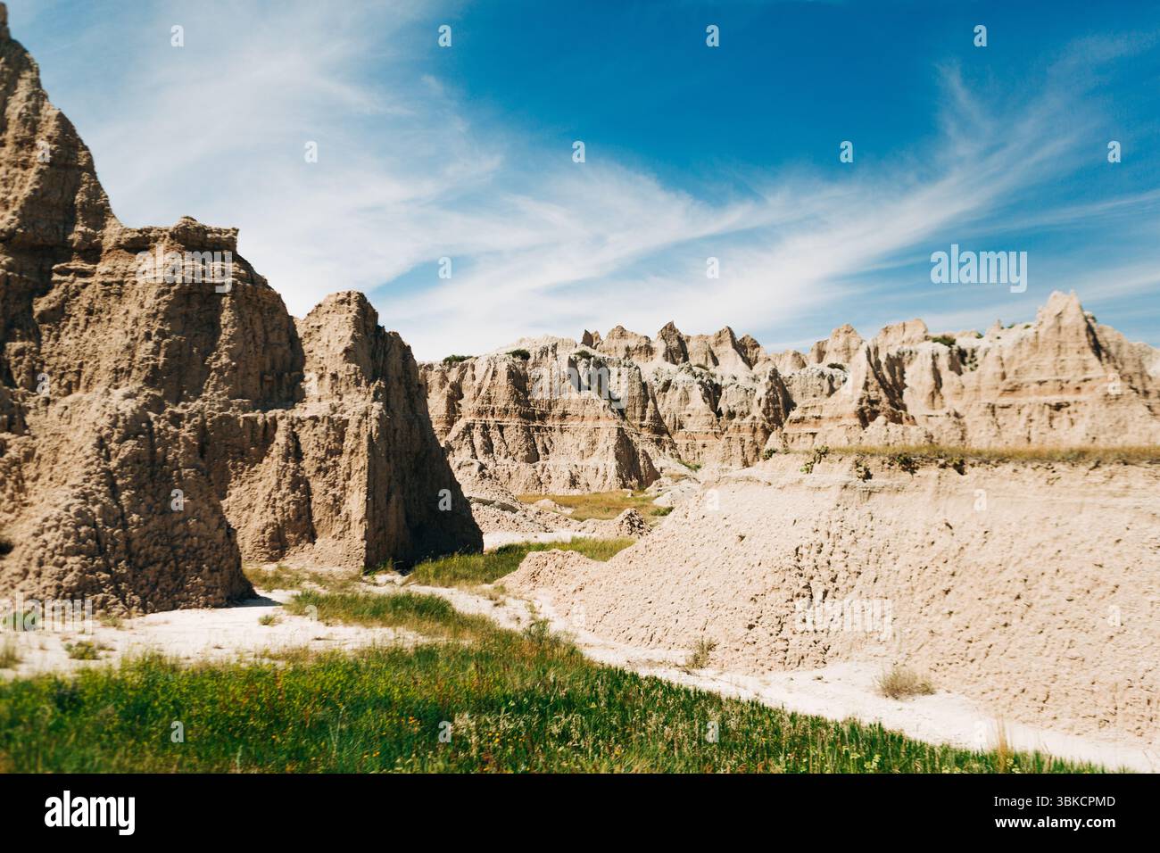 Felsformationen und grasbewachsener Pfad entlang des Fossil Exhibit Trail, Badlands Stockfoto