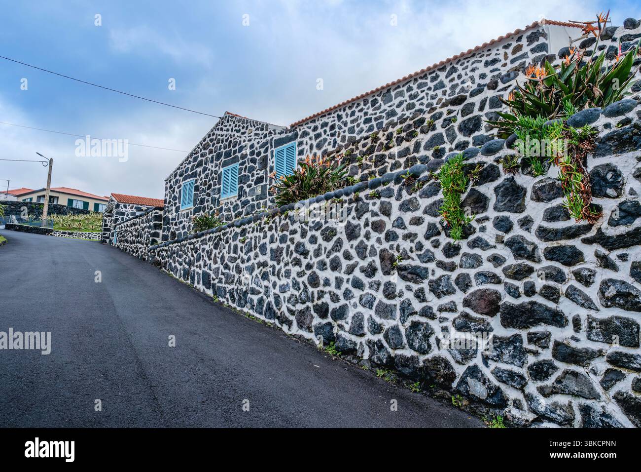 Traditionelles azoranisches Haus mit markanter vulkanischer Steinfassade und blauen Fensterläden. Historische Architektur, Charmantes Gebäude, Inselstil, Einzigartiges Design Stockfoto