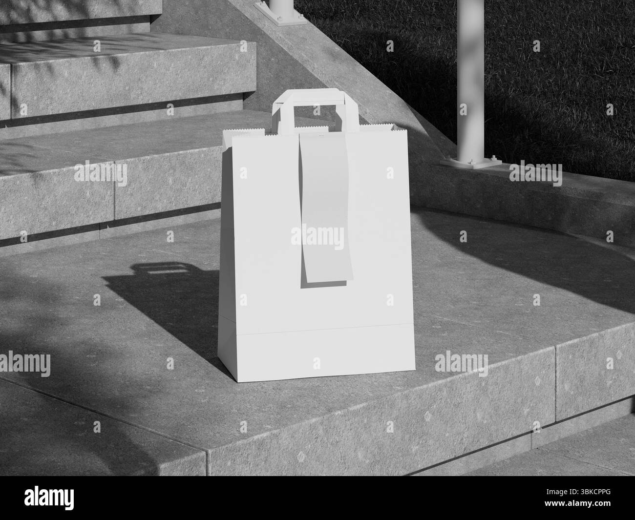 Weißes leeres Papiertütenmodell mit Beleg in realistischem Backgound für den Außenbereich Stockfoto