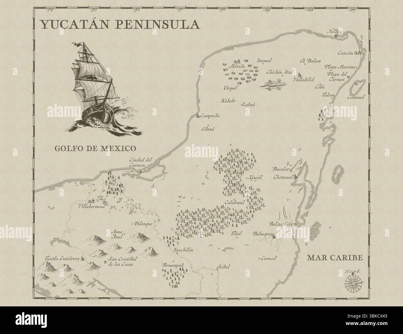 Historische Karte der Halbinsel Yucatan, die die Regionen des Golfs von Mexiko und des Karibischen Meeres in antikem kartographischem Stil zeigt. Stockfoto