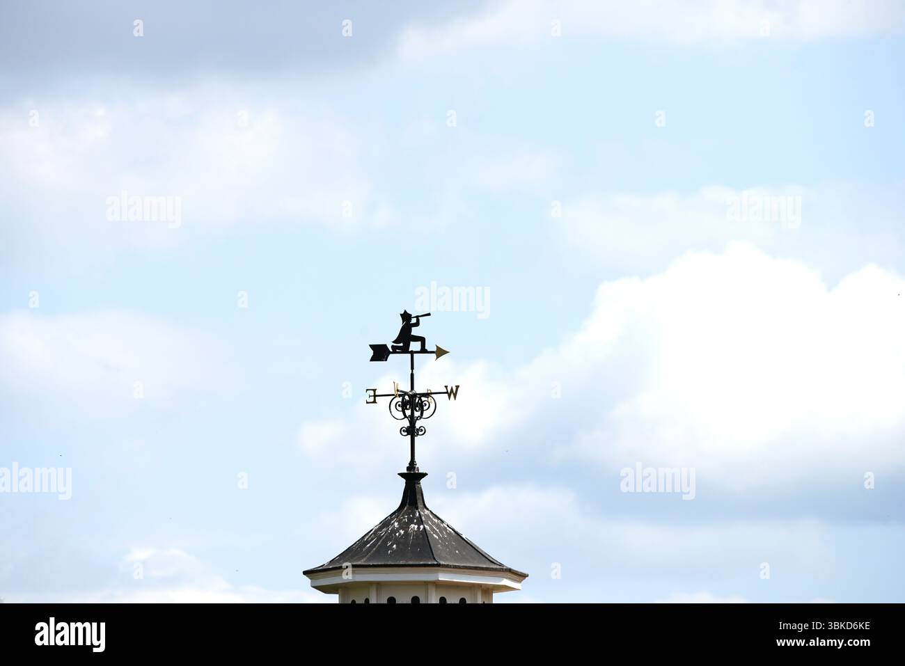 Wetterfahne auf dem Dach vor einem hellen blauen Himmel mit Wolken. Greenwich, London, England Stockfoto