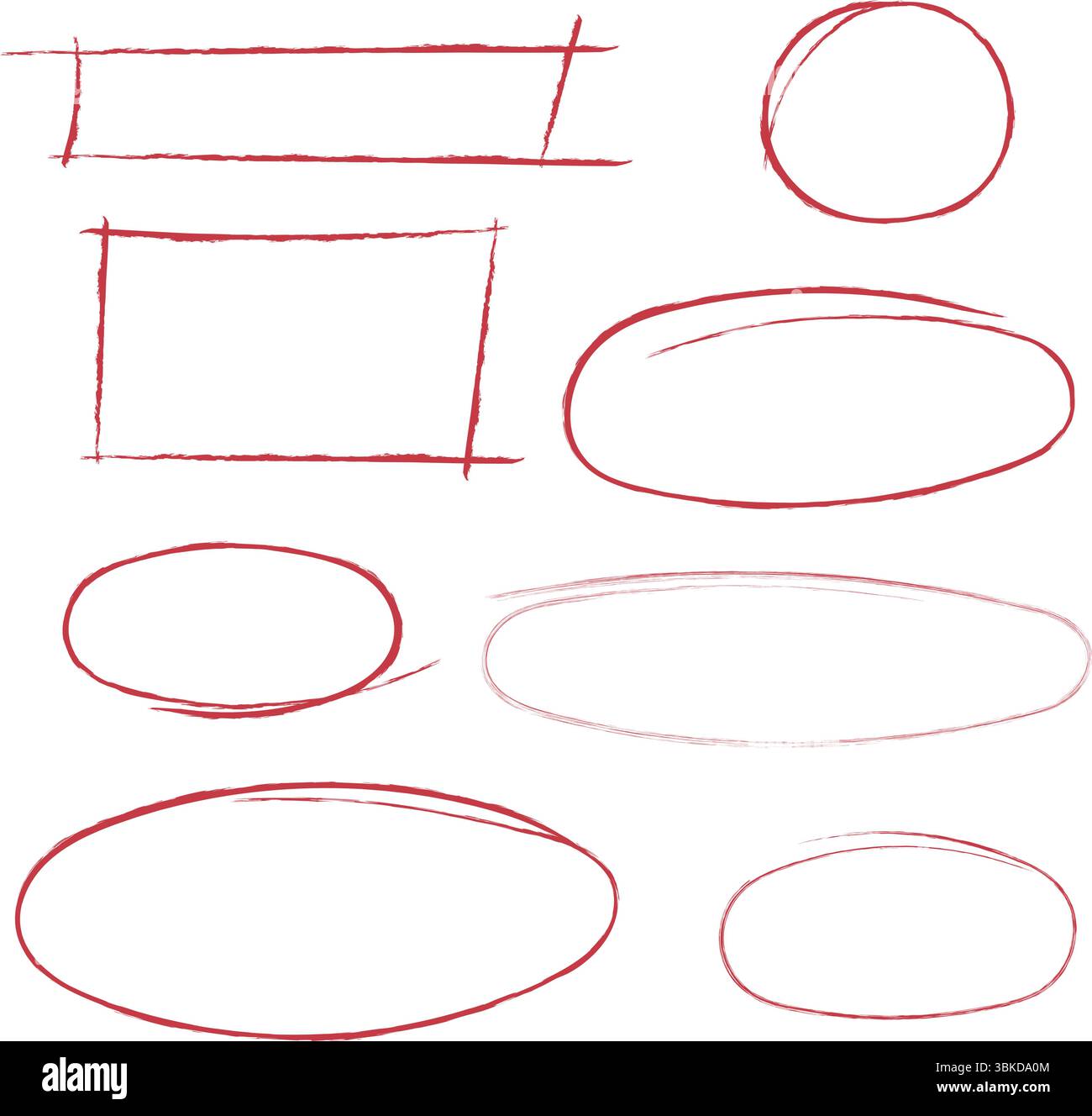 Set aus handgezeichneten roten runden Kreisen, ovalen Strichen und rechteckigen Kritzeleien, hervorgehobenen Designelementen, Kritzelmarken. Stock Vektor