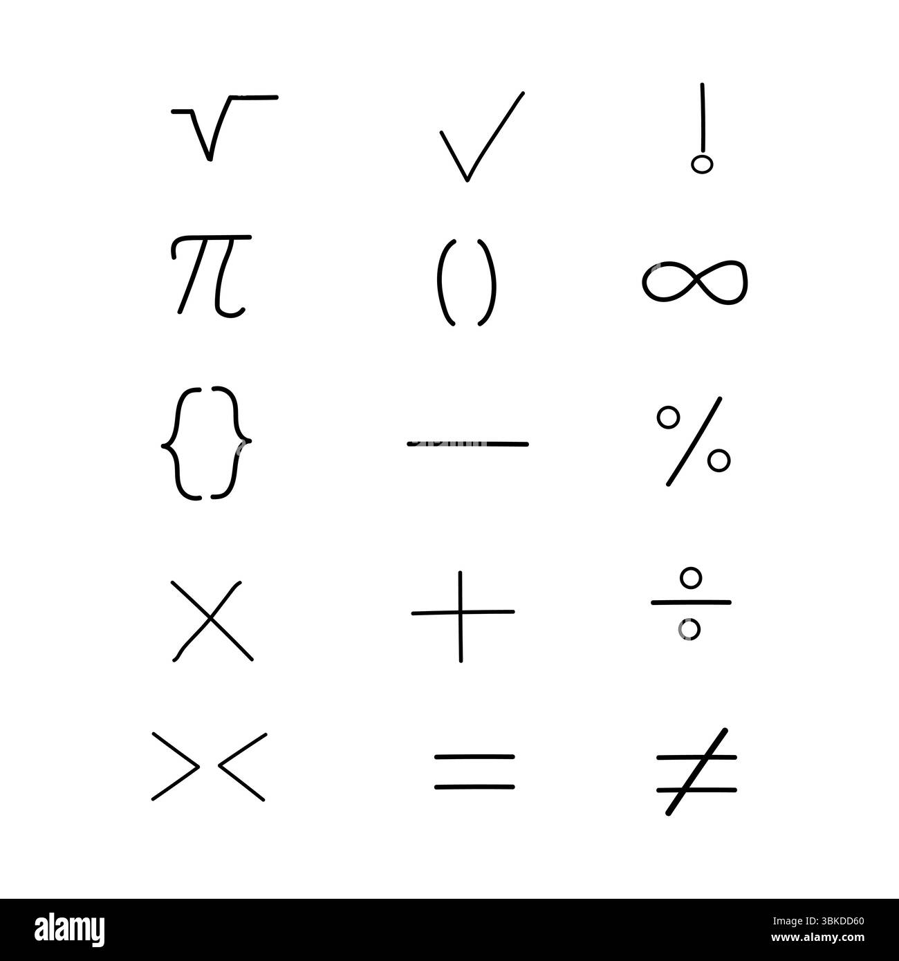Vektorabbildungssatz arithmetischer Symbole wie Operatoren, Addieren, Subtrahieren, Multiplizieren, Dividieren, gleich, usw. Stock Vektor