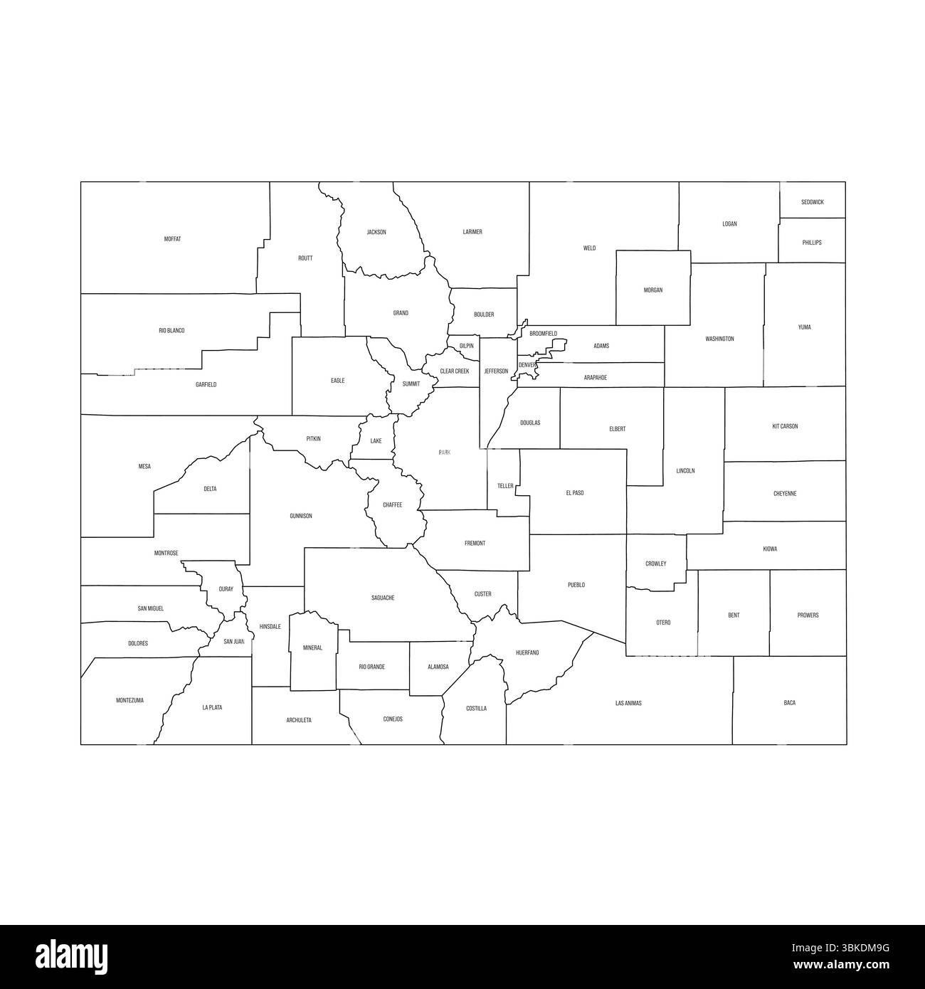 Colorado, CO – detaillierte politische Karte des US-Bundesstaates. Administrative Karte unterteilt in Bezirke. Dünne schwarze Umrisskarte mit Kreisbezeichnungen. Vektorabbildung Stock Vektor