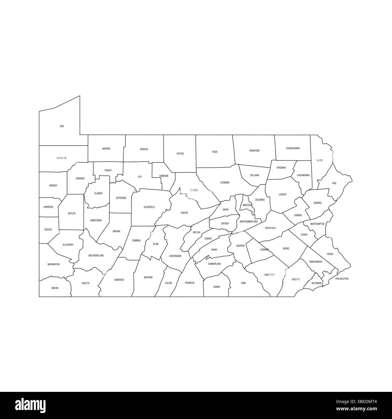 Pennsylvania, PA – detaillierte politische Karte des US-Bundesstaates. Administrative Karte unterteilt in Bezirke. Dünne schwarze Umrisskarte mit Kreisbezeichnungen. Vektorabbildung Stock Vektor