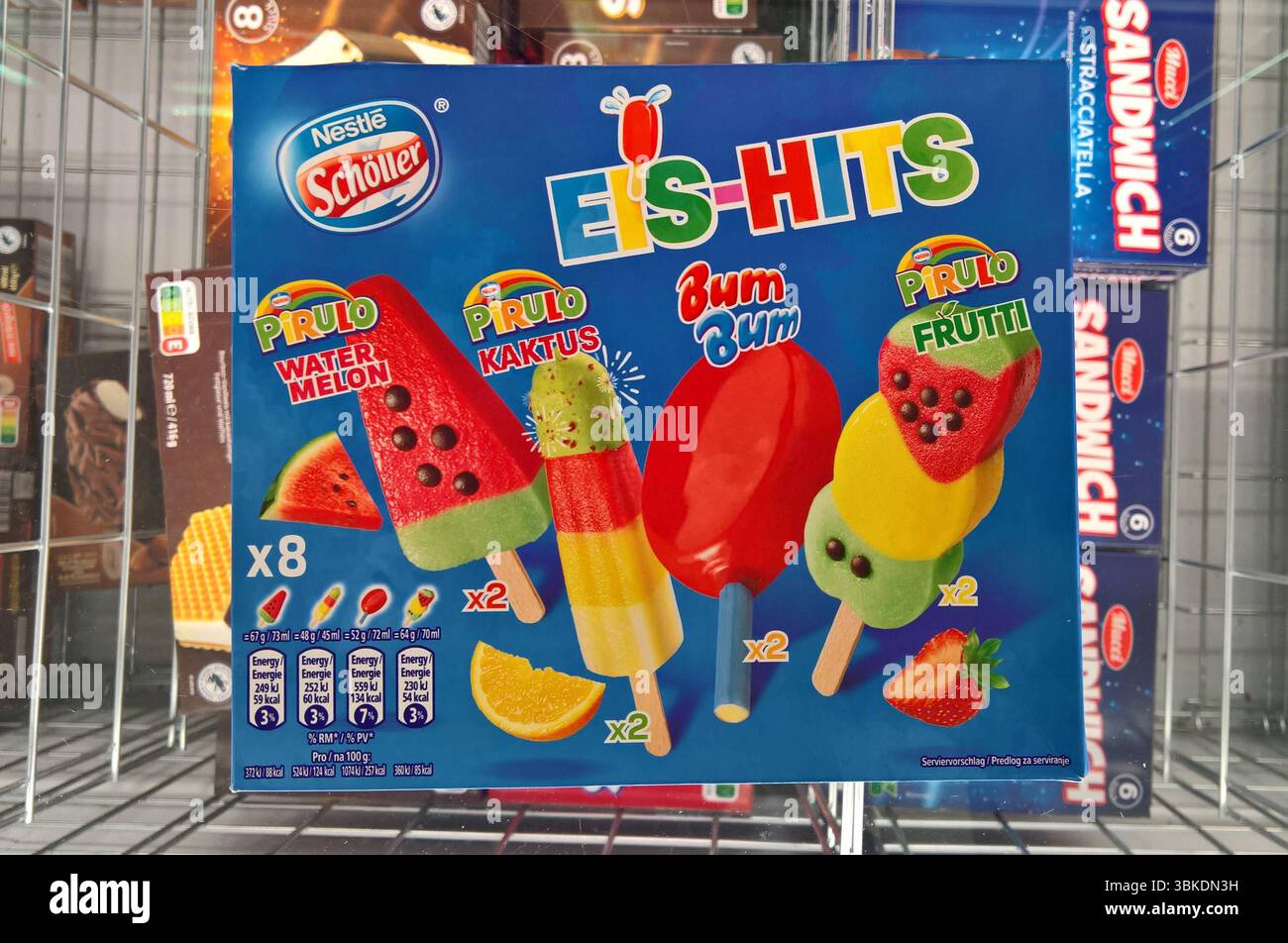 Nestle Schller Eis Hits im Supermarkt - Khlregal. Pirulo Water Melon,  Kaktus, Bum Bum Bum, Frutti *** Nestle Schller Eis Hits im Supermarkt  Khlschrank Pirulo Water Melon, Cactus, Bum Bum Bum Frutti