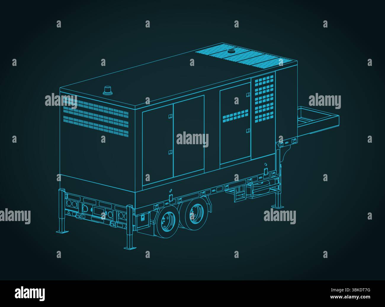 Isometrischer Blaudruck des Dieselgenerators mit stilisierter Vektorgrafik Stock Vektor