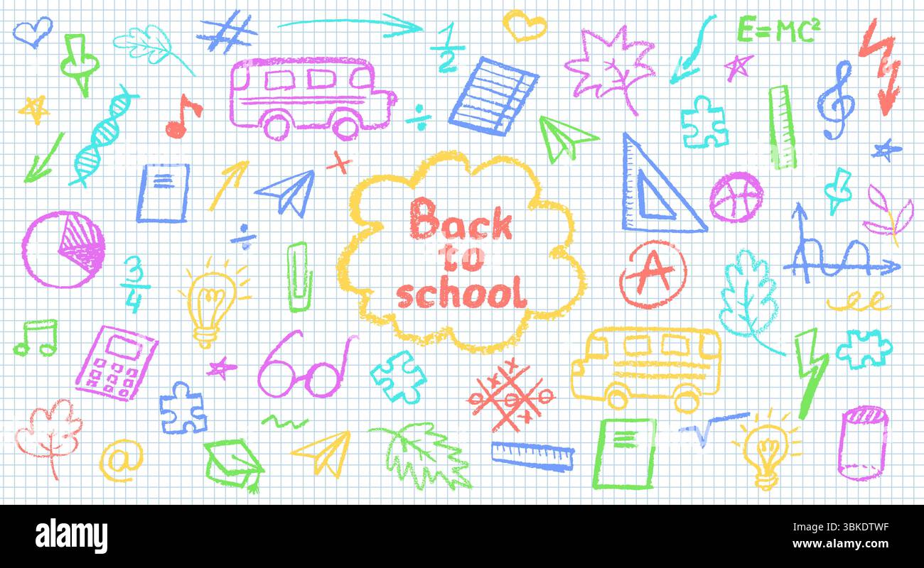 Holzkohle-Schulkritzeleien auf Notizblock-Laken in einem Käfig. Lustige handgezeichnete Symbole für Back-to-School-Themen. Niedliche kindliche Bildung, buntes Pastell oder Wachs Stock Vektor