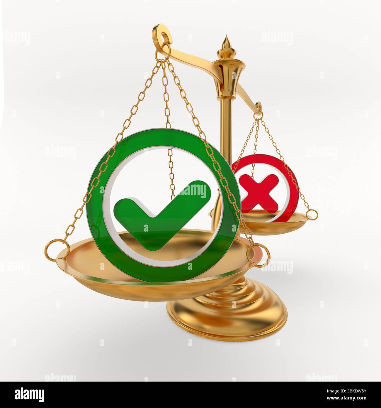 Ablehnungszeichen und Häkchen auf der Skala. Weißer Hintergrund. Isolierte 3D-Darstellung Stockfoto