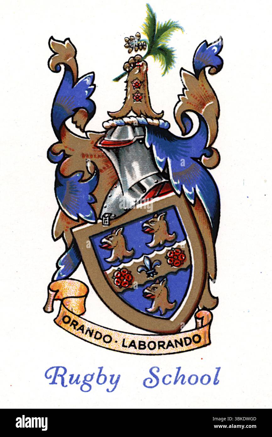 Das Wappen der Rugby School, das 1932 patentiert wurde, war fast identisch mit dem Wappen des Schulgründers Lawrence Sheriff. Aus den Zigarettenkarten der „Arme der öffentlichen Schulen“, die 1933 vom Tabakhersteller W.D. & H.O. Wills veröffentlicht wurden. Stockfoto Das Wappen der Rugby School, das 1932 patentiert wurde, war fast identisch mit dem Wappen des Schulgründers Lawrence Sheriff. Aus den Zigarettenkarten der „Arme der öffentlichen Schulen“, die 1933 vom Tabakhersteller W.D. & H.O. Wills veröffentlicht wurden. Stockfoto