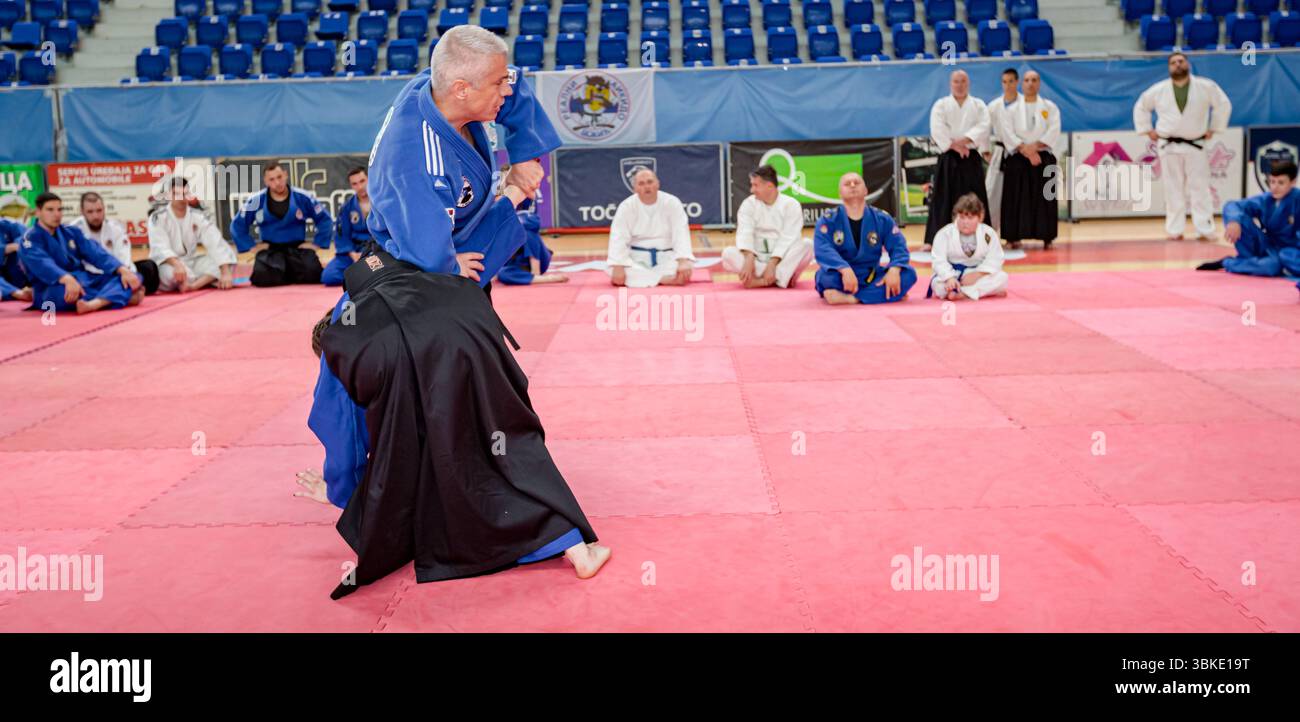 Zrenjanin, Vojvodina, Serbien - 27. April 2025: Seminar des echten Aikido-Clubs der Kampfkunst 'Real Aikido Zrenjanin 1995', Lehrer, Meister, Sensei-Show, Stockfoto