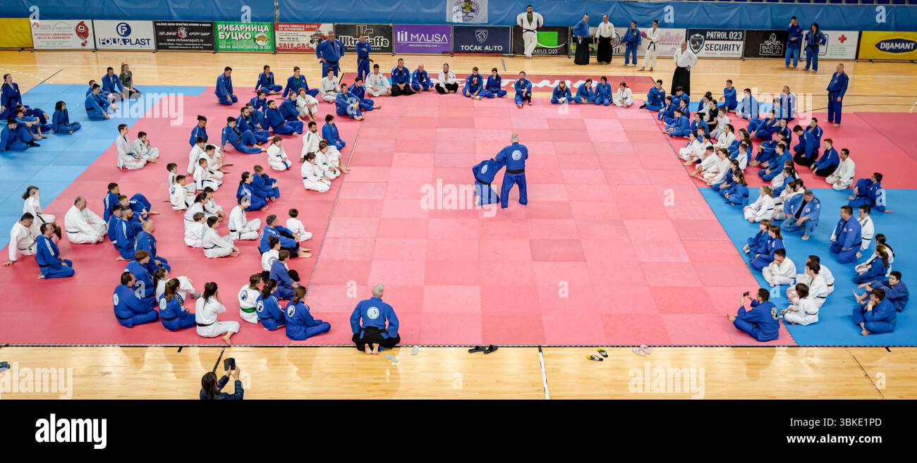 Zrenjanin, Vojvodina, Serbien - 27. April 2025: Seminar des echten Aikido-Clubs der Kampfkunst 'Real Aikido Zrenjanin 1995', Lehrer, Meister, Sensei-Show, Stockfoto