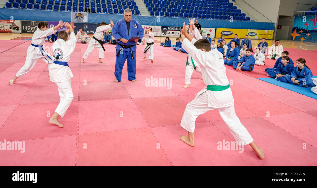 Zrenjanin, Vojvodina, Serbien - 27. April 2025: Seminar des echten Aikido im Kampfsportverein 'Real Aikido Zrenjanin 1995', Studenten werden demonstriert l Stockfoto
