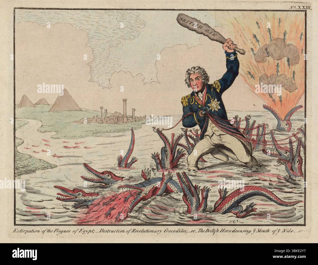 Horatio Nelson: Vernichtung der Plagen Ägyptens; - Vernichtung der Revolutionären Krokodile - oder - der britische Held reinigt euch Mund von euch Nil. - (Karikatur) von James Gillray 1798 Stockfoto