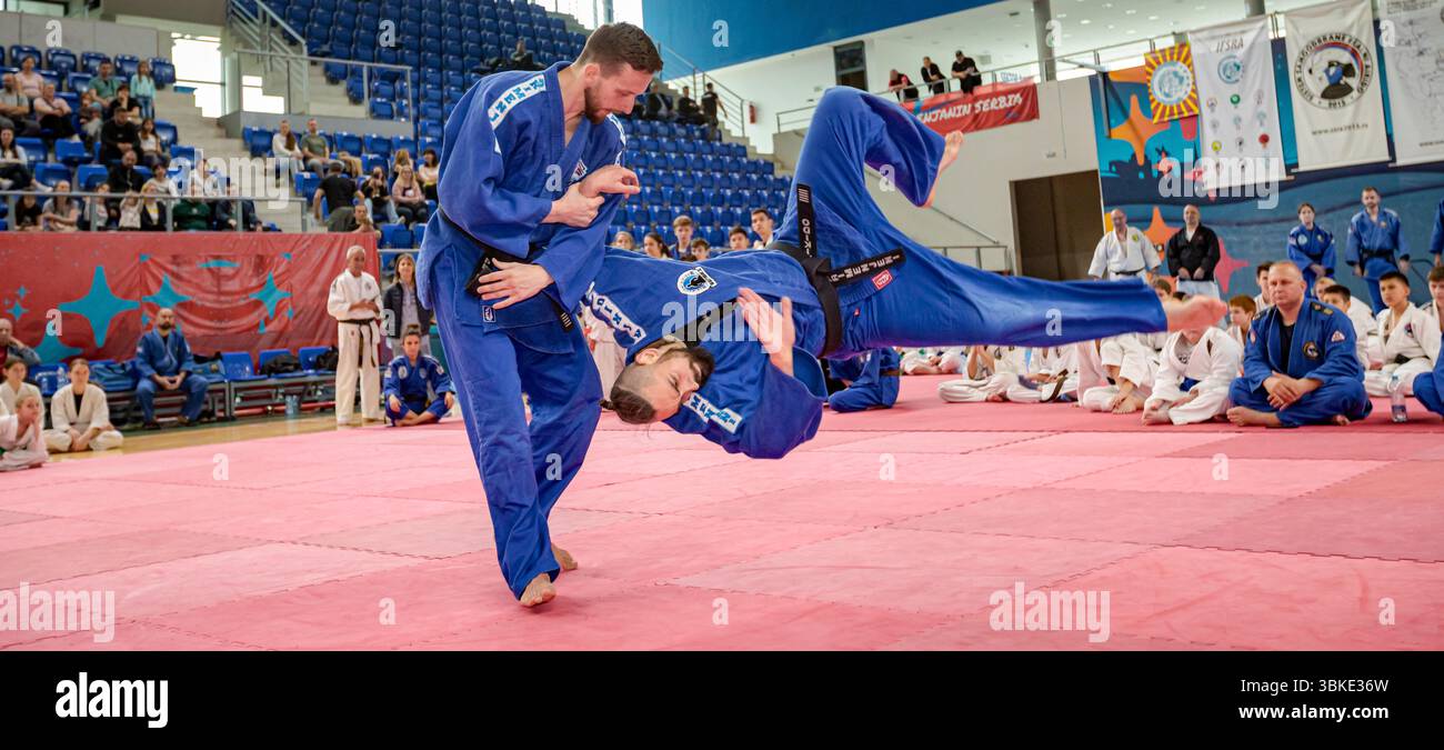 Zrenjanin, Vojvodina, Serbien - 27. April 2025: Seminar des echten Aikido im Kampfsportverein 'Real Aikido Zrenjanin 1995', Studenten werden demonstriert l Stockfoto