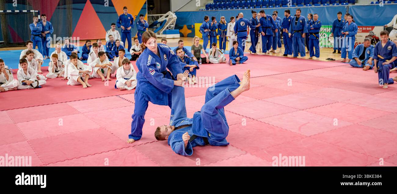 Zrenjanin, Vojvodina, Serbien - 27. April 2025: Seminar des echten Aikido im Kampfsportverein 'Real Aikido Zrenjanin 1995', Studenten werden demonstriert l Stockfoto