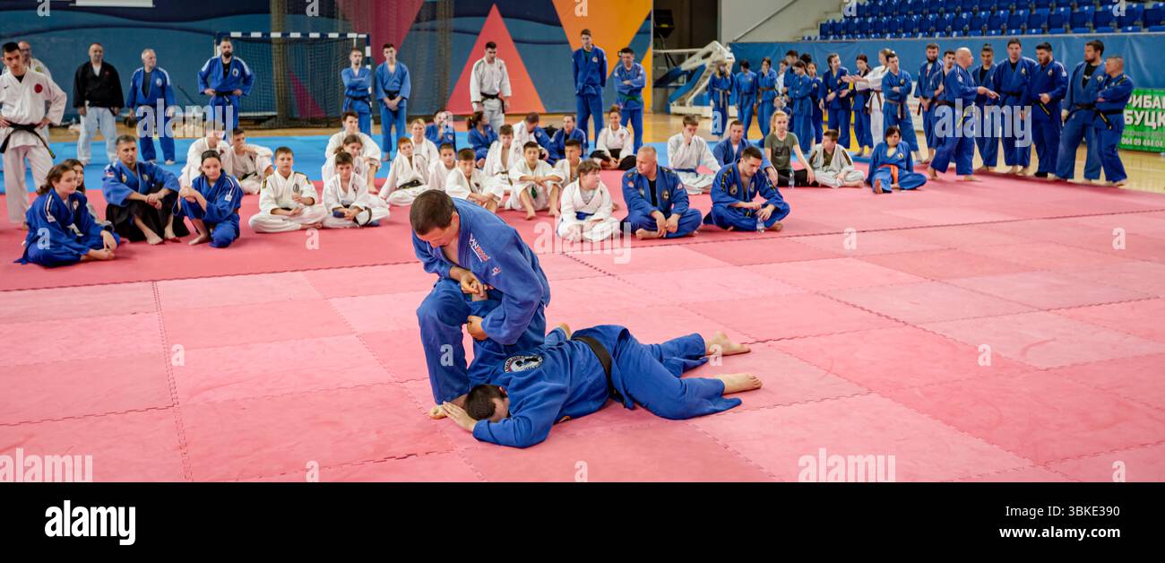 Zrenjanin, Vojvodina, Serbien - 27. April 2025: Seminar des echten Aikido im Kampfsportverein 'Real Aikido Zrenjanin 1995', Studenten werden demonstriert l Stockfoto