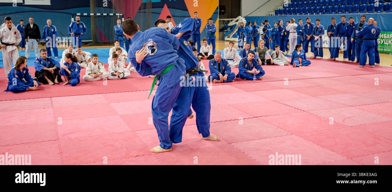 Zrenjanin, Vojvodina, Serbien - 27. April 2025: Seminar des echten Aikido im Kampfsportverein 'Real Aikido Zrenjanin 1995', Studenten werden demonstriert l Stockfoto