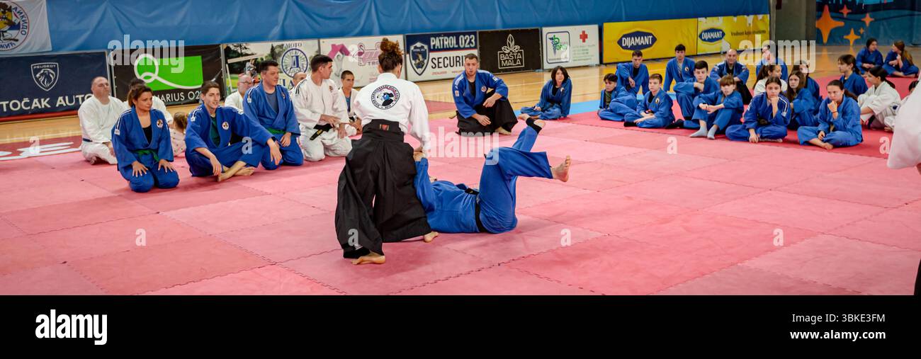 Zrenjanin, Vojvodina, Serbien - 27. April 2025: Seminar des echten Aikido im Kampfsportverein 'Real Aikido Zrenjanin 1995', Studenten werden demonstriert l Stockfoto