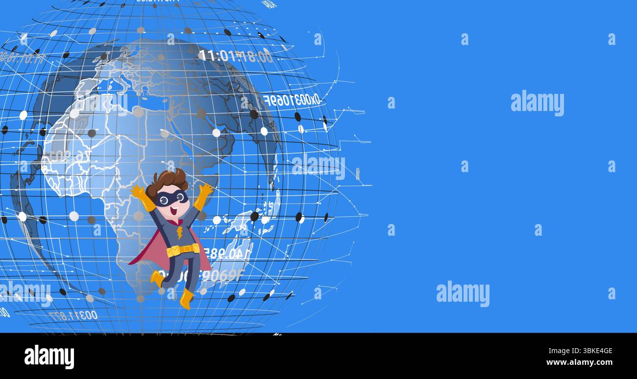 Fliegendes Zeichentrickkind mit blauem Anzug mit cape, Maske, Handschuhen und Stiefeln im digitalen Netzwerk Globus Stockfoto