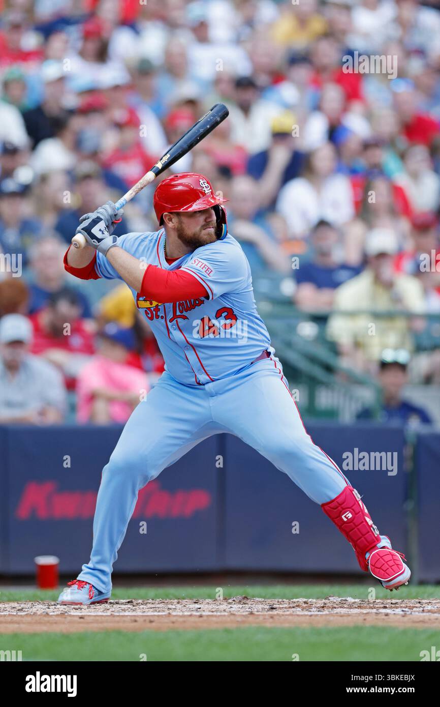 MILWAUKEE, WI - JUNE 14: Pedro Pagés #43 of the St. Louis Cardinals bats during an MLB game against the Milwaukee Brewers on June 14, 2025 at American Family Field in Milwaukee, Wisconsin. (Photo by Joe Robbins/Icon Sportswire) (Icon Sportswire via AP Images) Stockfoto