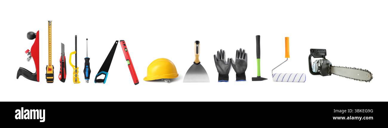 Verschiedene Arten von Sägen und andere Ausrüstung auf weißem Hintergrund, Set Stockfoto