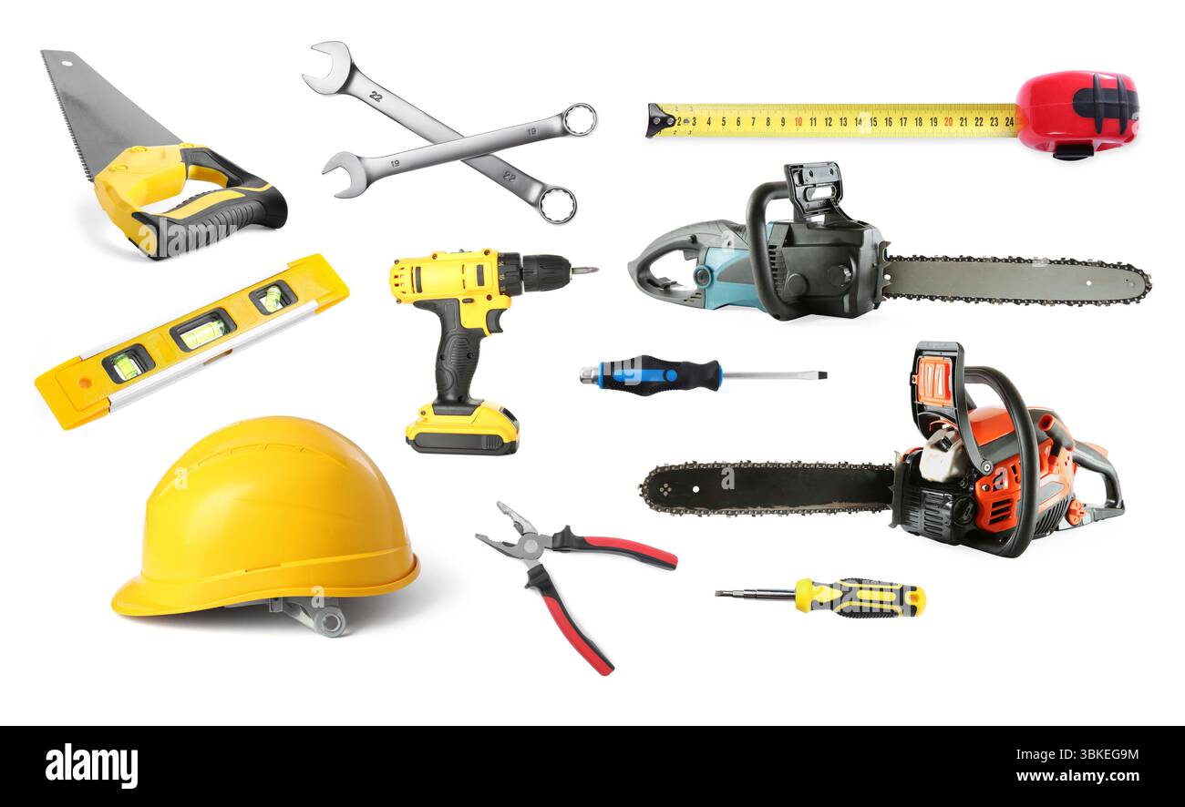Verschiedene Arten von Sägen und andere Ausrüstung auf weißem Hintergrund, Set Stockfoto
