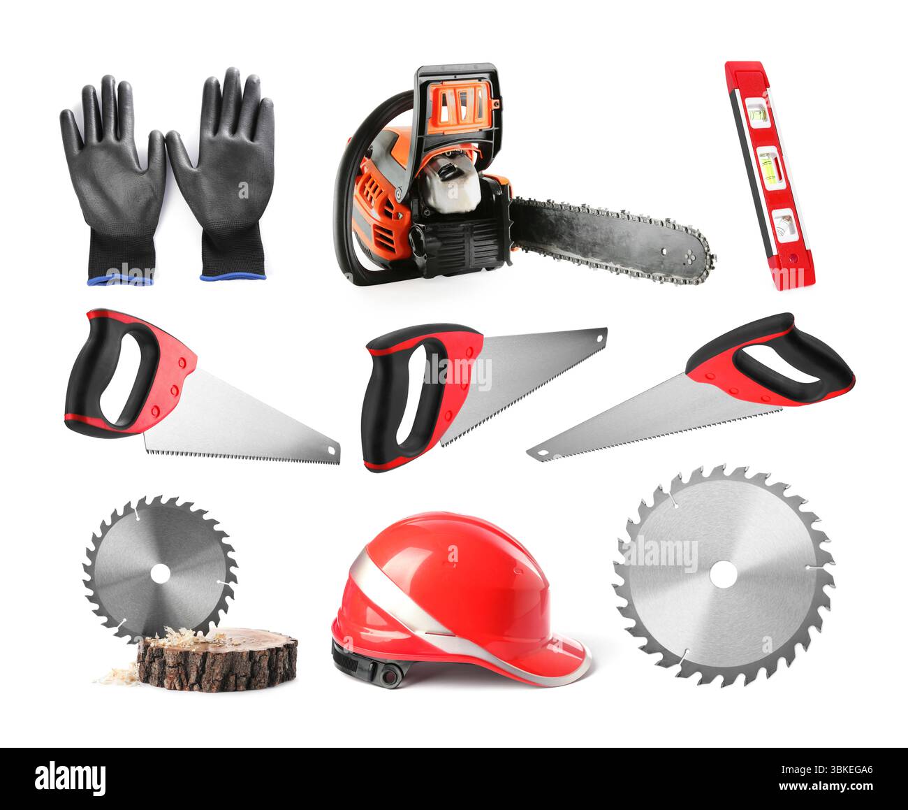 Verschiedene Arten von Sägen und andere Ausrüstung auf weißem Hintergrund, Set Stockfoto