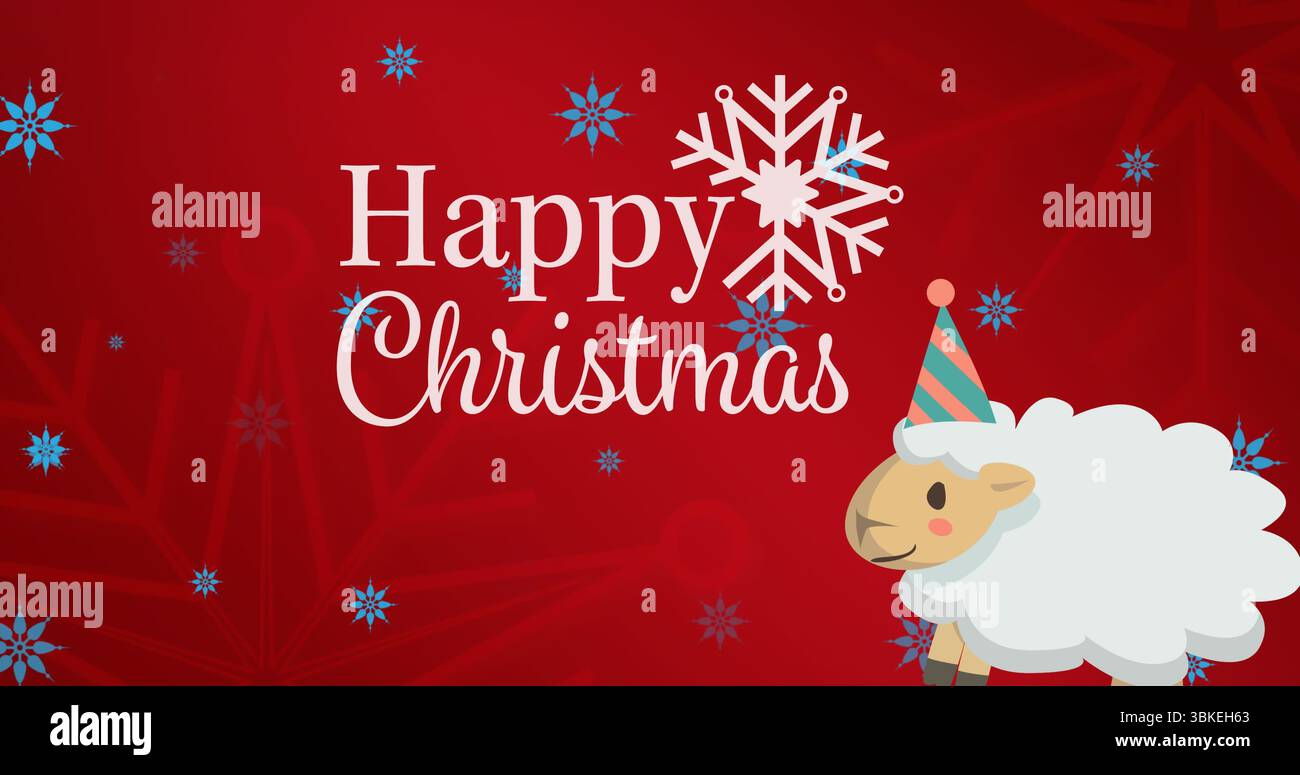 Mit Schafen, die Partyhut auf roter Karte mit Happy Christmas Text, Schneeflocken und Kopierraum tragen Stockfoto