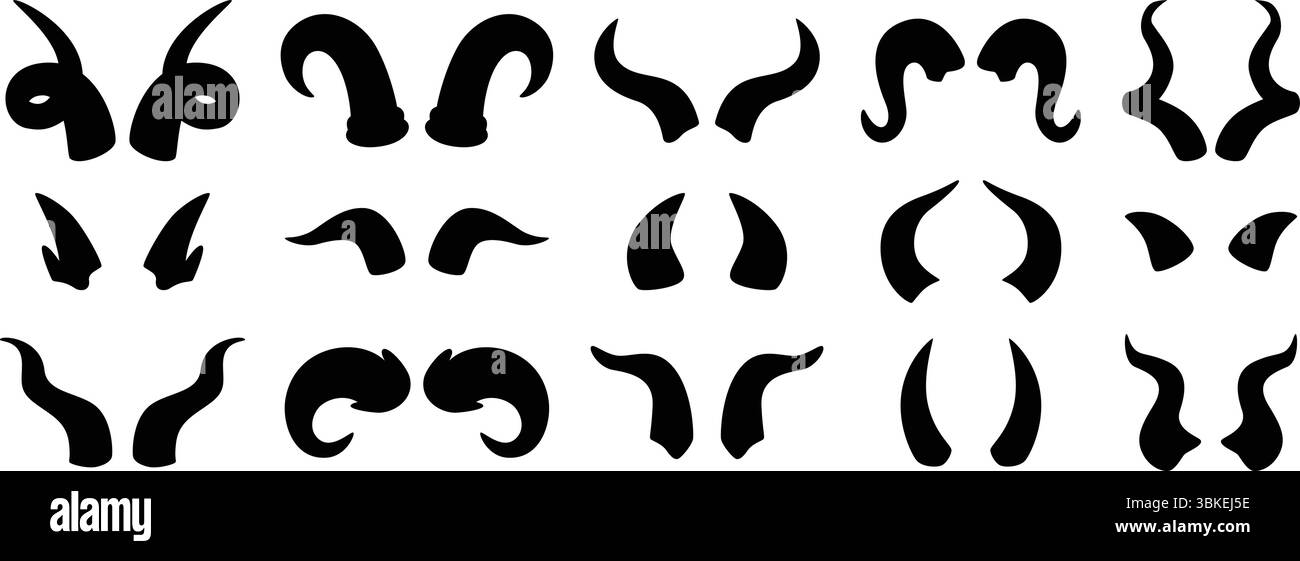 Teufelshörner Silhouetten. Dämonenhörner Formen Kollektion, schwarze Imp oder satan Hörner Symbole. Böse Monster Fantasy-Accessoires. Gotische Tierhornpaare Stock Vektor
