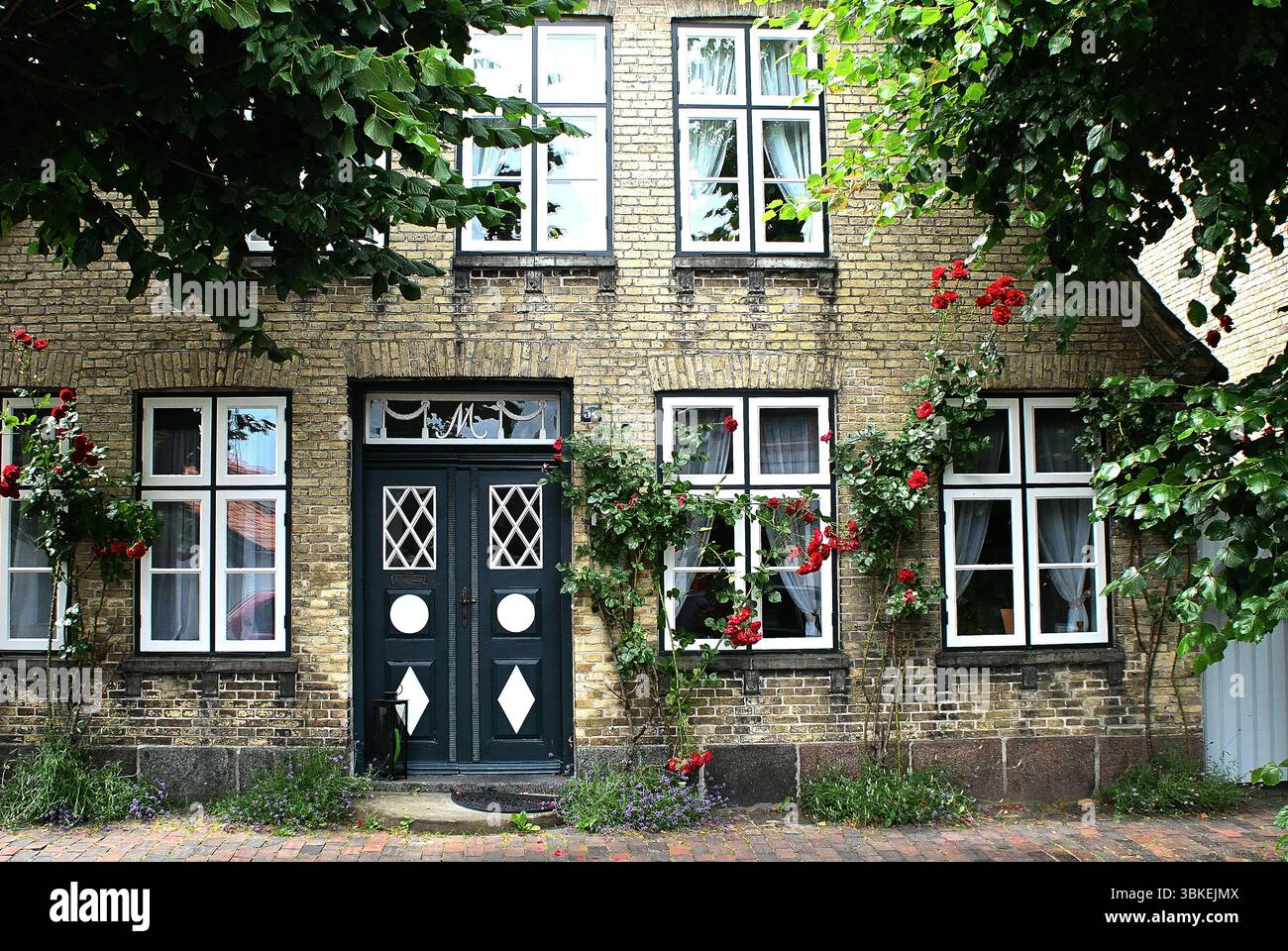 Elegante Fassade eines traditionellen Backsteinhauses mit schwarzer Tür, weißen Fenstern und roten Kletterrosen. Stockfoto