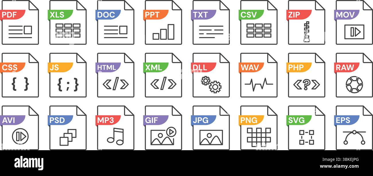 Symbole für lineare Dateiformate mit verschiedenen Formaten PDF, JPG und MP3, JS und XML, DLL und SVG, CSV und PSD, PNG und DOC. Dateitypen mit Dokumenterweiterung Stock Vektor