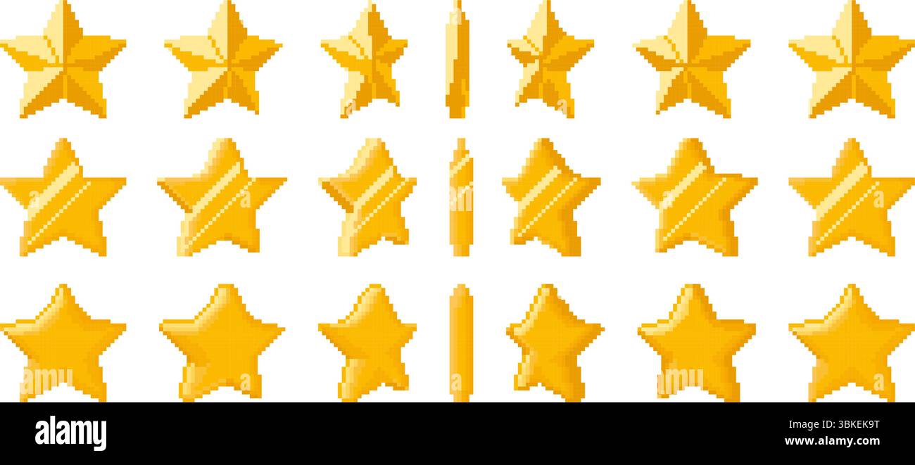 Pixel Art Golden Star Animation. Gepixelte, glänzende Sterne-Rotation, 8-Bit-Retro-Spiel-Gold-Preis in verschiedenen fünf spitzen Sternformen. Animierte Drehung von Stock Vektor