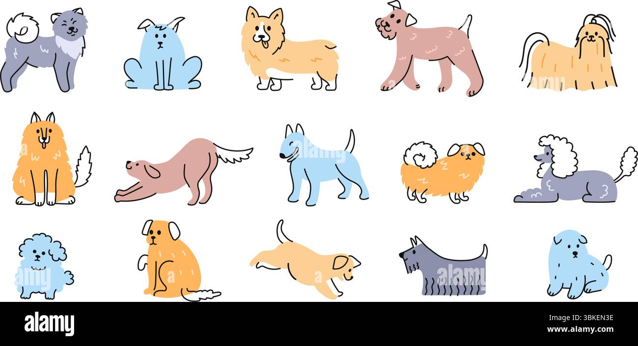 Kritzelhunde. Niedlicher handgezeichneter Welpe, verspielte Hundefiguren in verschiedenen Rassen und verschiedene Posen für Tiermotive. Vektor isolierter Tiere Stock Vektor