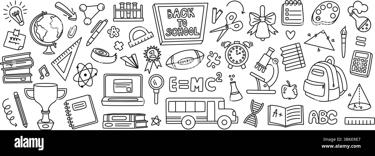 Zurück zur Schule Kritzeleien. Handgezeichnetes Schulmaterial, Grundausstattung für Schüler, Ikonen für Unterricht und Wissenschaft, akademische Elemente und Lernelemente. Line Art Education Stock Vektor
