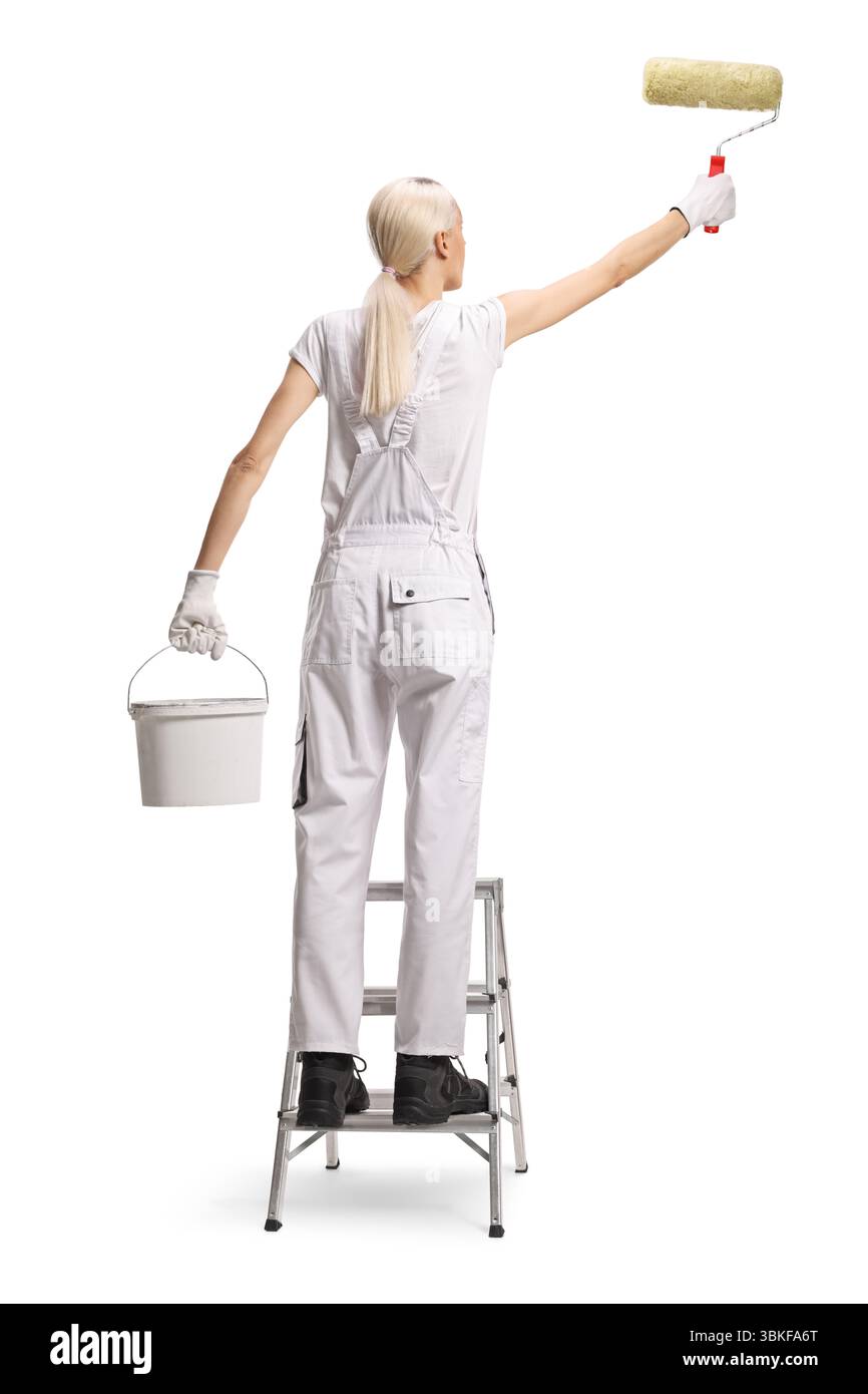 Eine Hausmalerin malt eine Wand auf einer Leiter Stockfoto